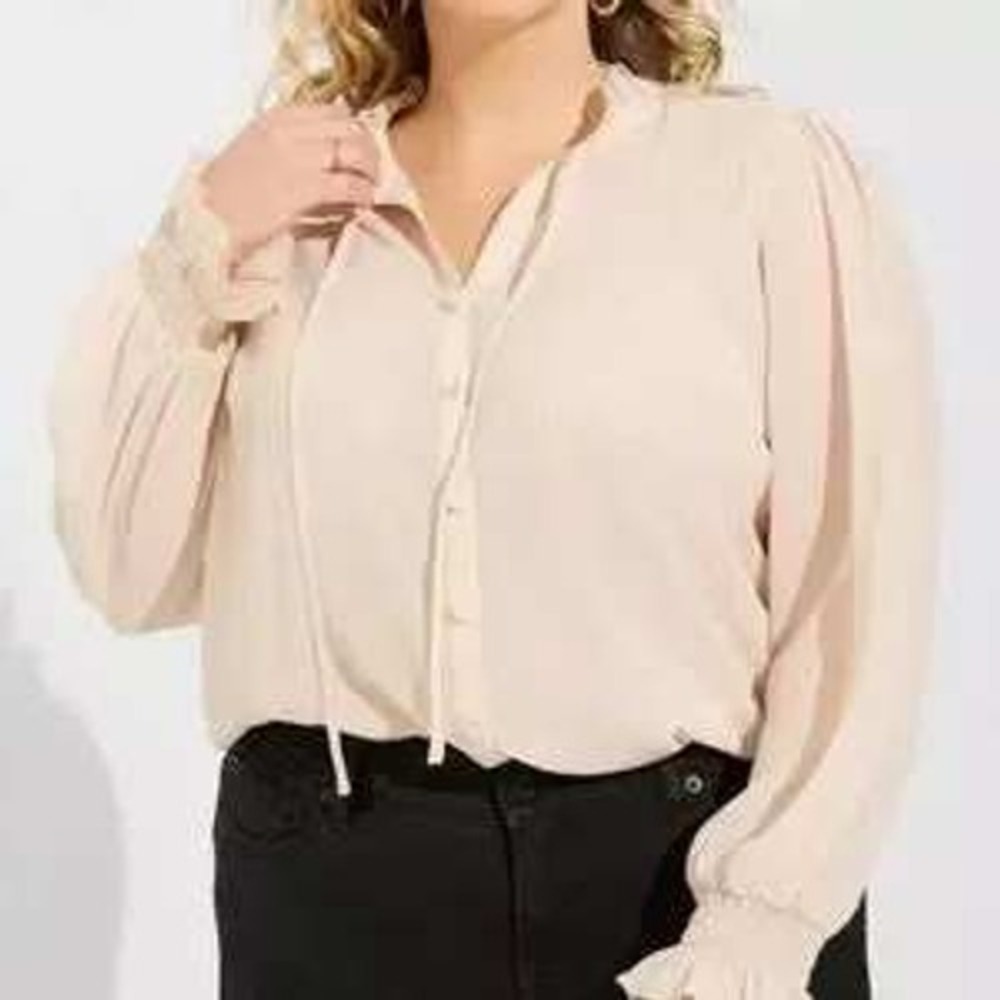 Torrid Crinkle Chiffon‎ Button Up Mock Neck Blouse Beige Metallic Gold 3X